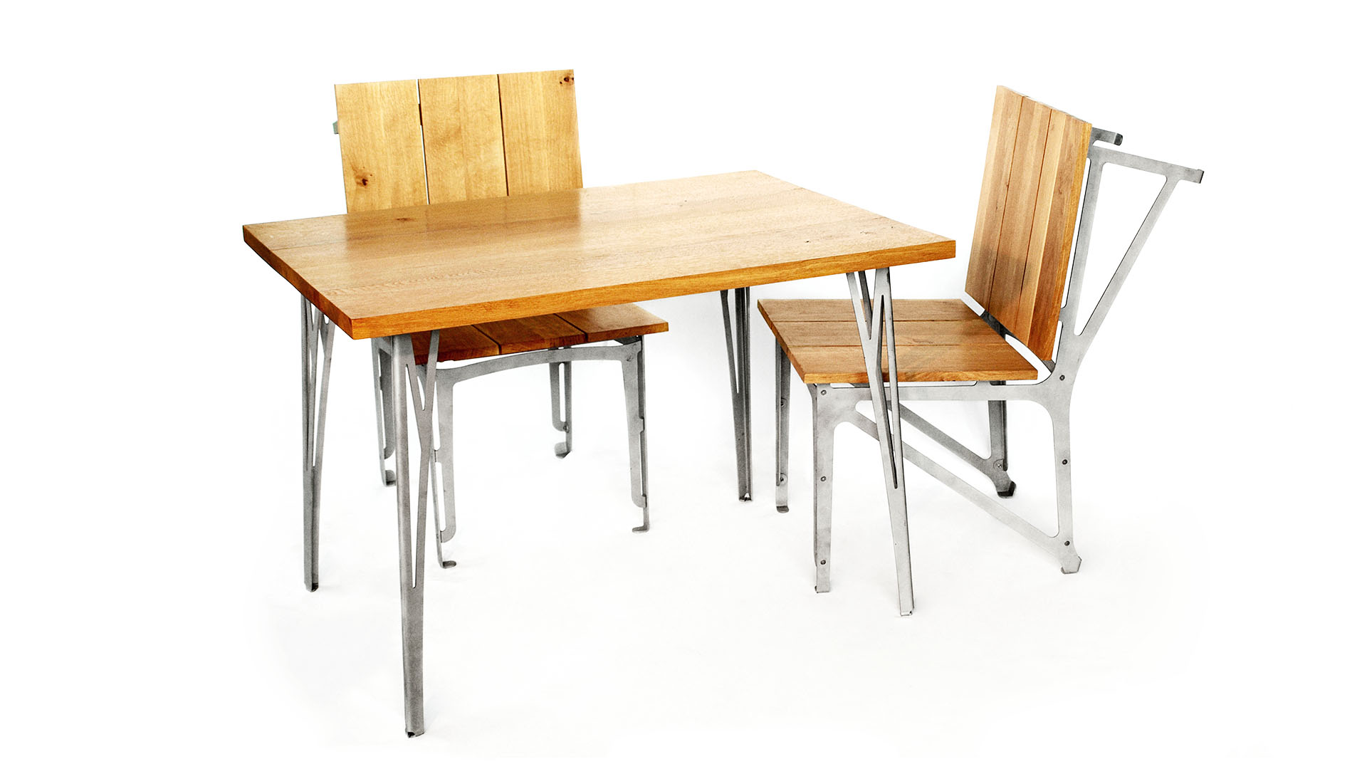 table et chaise en inox et chêne, design C-Cube