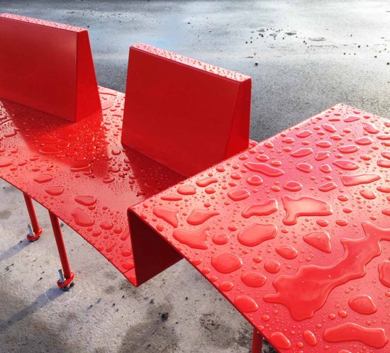 mobilier urbain au parc de l'Ondaine de Unieux : banc à palabre, balançoires, abris-folies